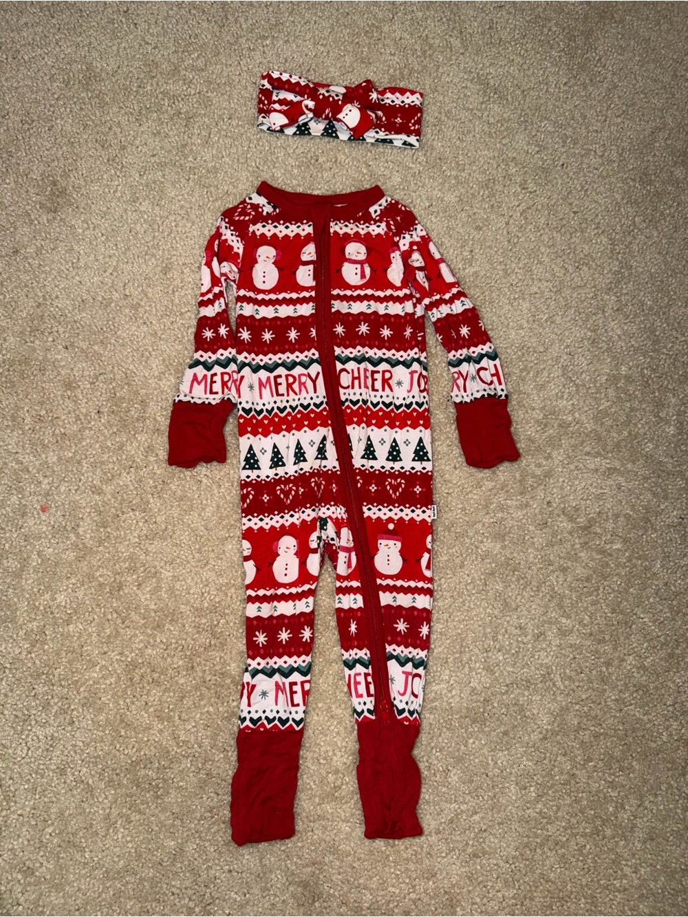 Little Sleepies Red Holiday Snowman One-Piece Footie Pajamas with Headband
